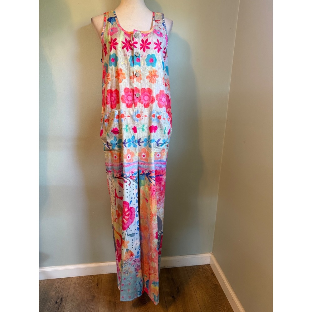 Floral Patchwork Wide Leg Jumpsuit Large Multi Color Boho whimsi cottage fairy y